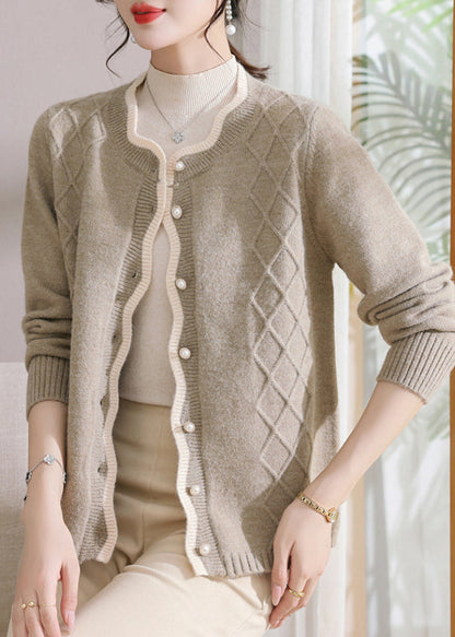 Khaki Plaid Patchwork Cotton Knit Coats Fall