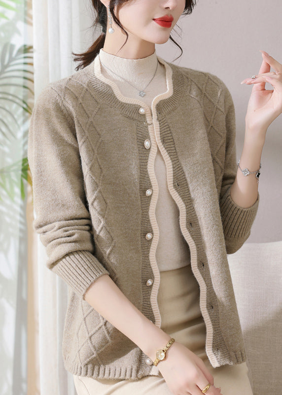 Khaki Plaid Patchwork Cotton Knit Coats Fall