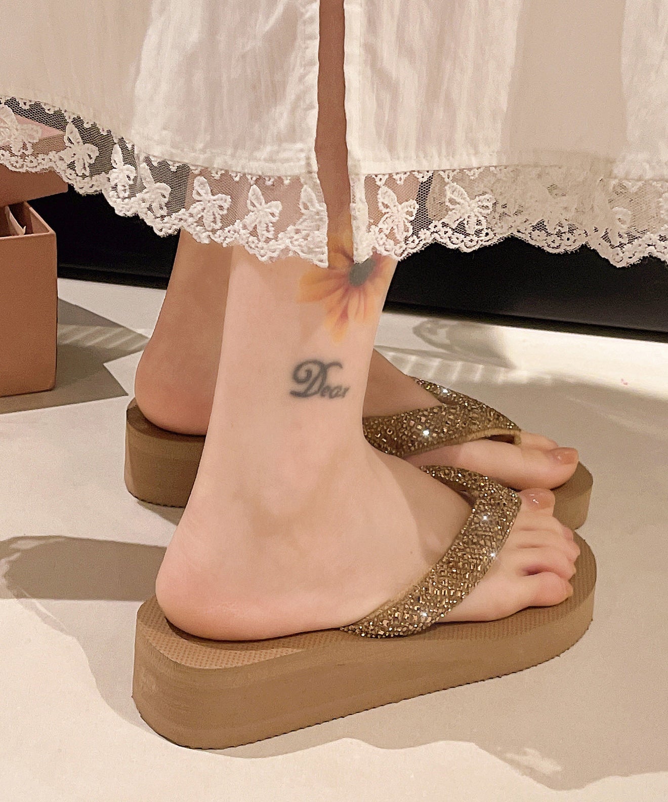 Khaki Platform Cotton Fabric Boho Rhinestone Thong Sandals
