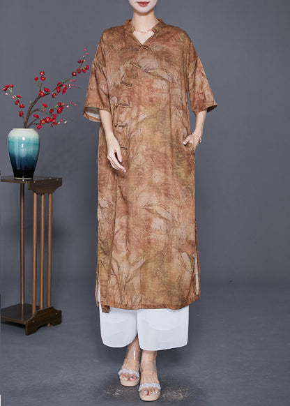 Khaki Print Linen Dress Chinese Button Side Open Summer