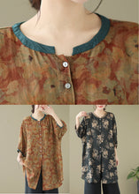 Load image into Gallery viewer, Khaki Print Linen Shirt Dresses O-Neck Oversized Lantern Sleeve