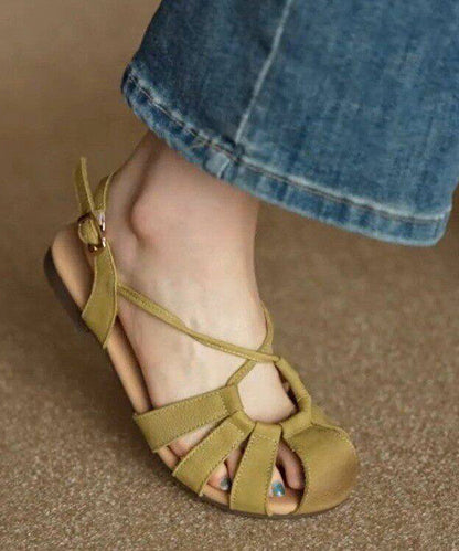Khaki Sandals Cowhide Leather Stylish Hollow Out Sandals