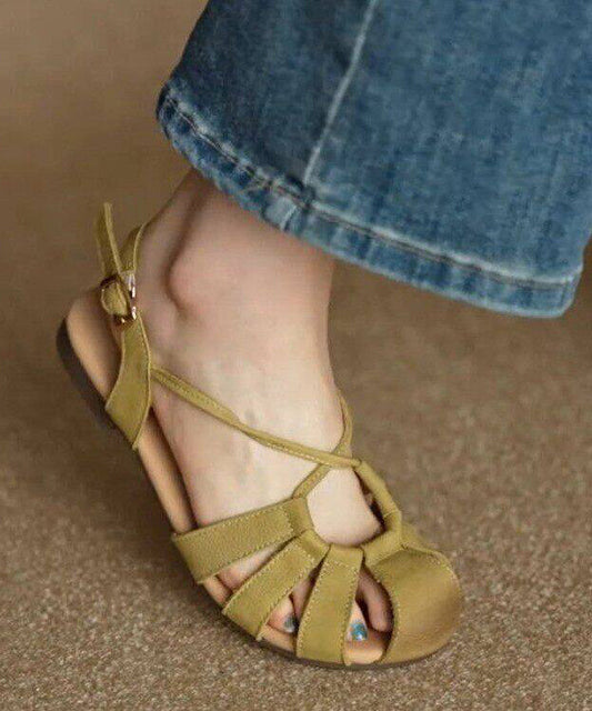 Khaki Sandals Cowhide Leather Stylish Hollow Out Sandals
