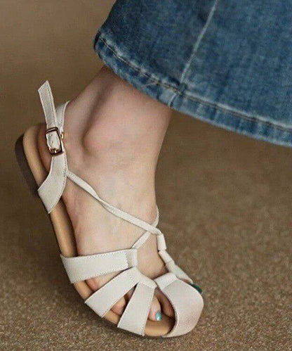 Khaki Sandals Cowhide Leather Stylish Hollow Out Sandals