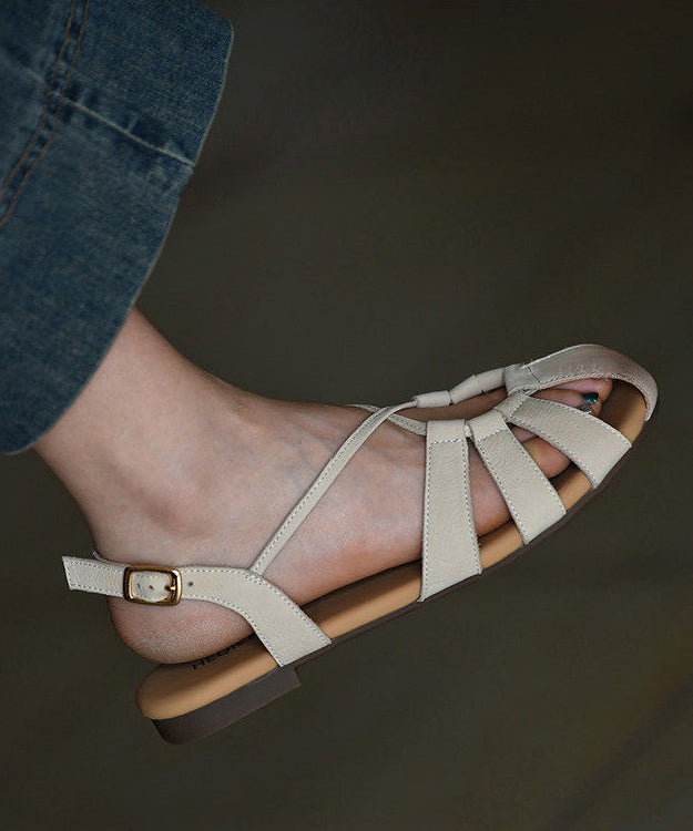 Khaki Sandals Cowhide Leather Stylish Hollow Out Sandals