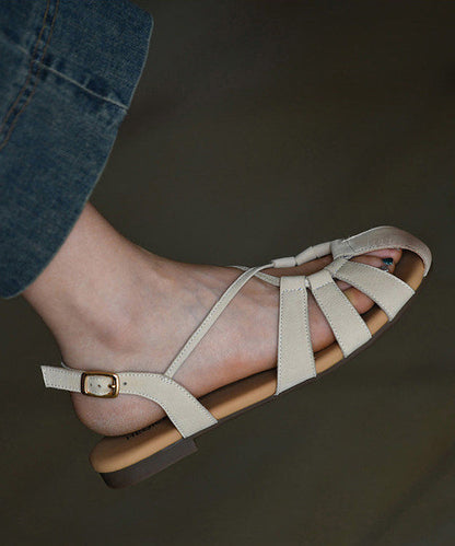 Khaki Sandals Cowhide Leather Stylish Hollow Out Sandals