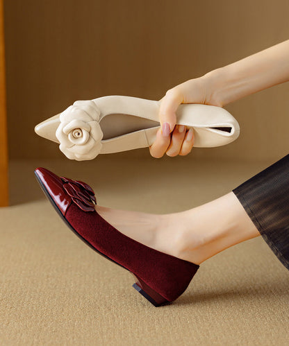 Khaki Sheepskin Flat Feet Shoes Floral Splicing Pointed Toe