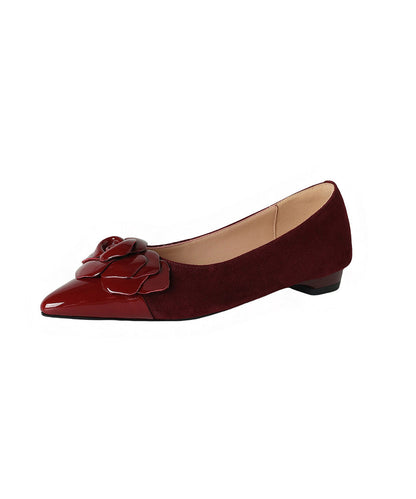 Khaki Sheepskin Flat Feet Shoes Floral Splicing Pointed Toe