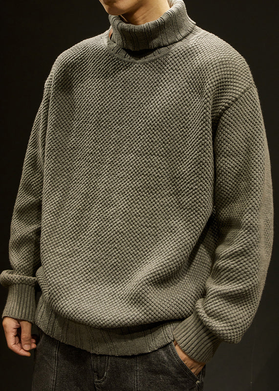 Khaki Solid Cotton Knit Winter Men Sweater Turtleneck