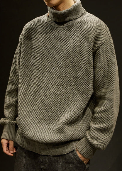 Khaki Solid Cotton Knit Winter Men Sweater Turtleneck