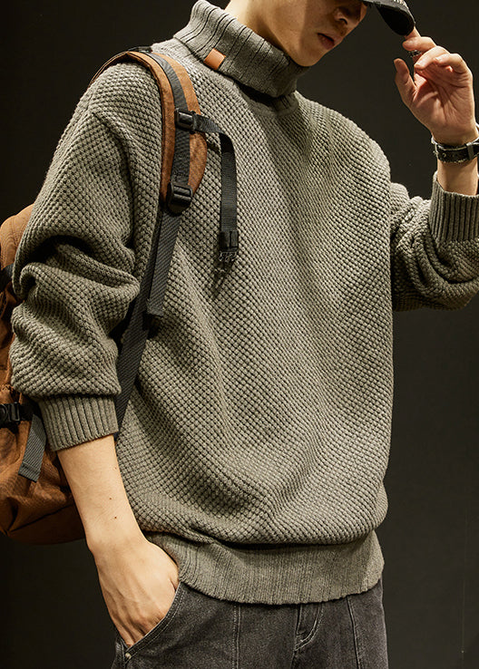 Khaki Solid Cotton Knit Winter Men Sweater Turtleneck