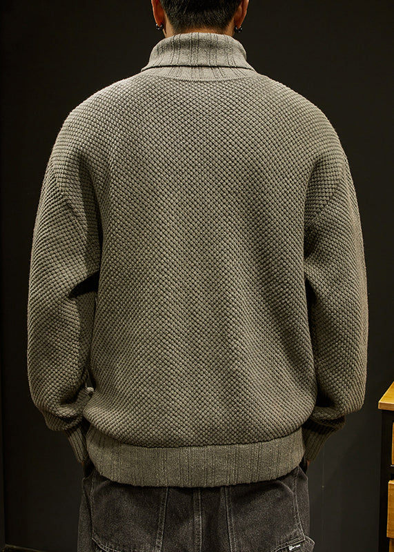 Khaki Solid Cotton Knit Winter Men Sweater Turtleneck