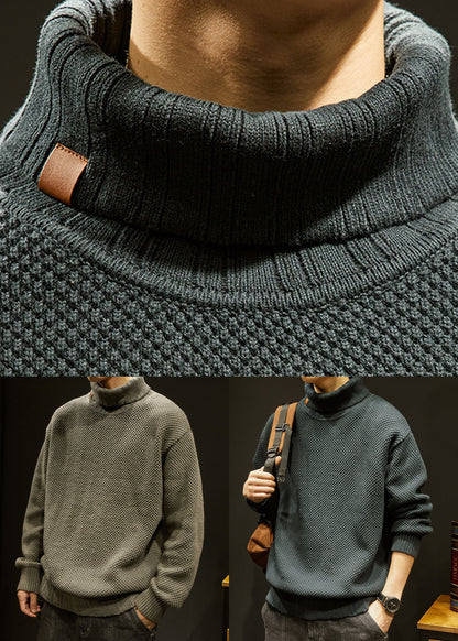 Khaki Solid Cotton Knit Winter Men Sweater Turtleneck
