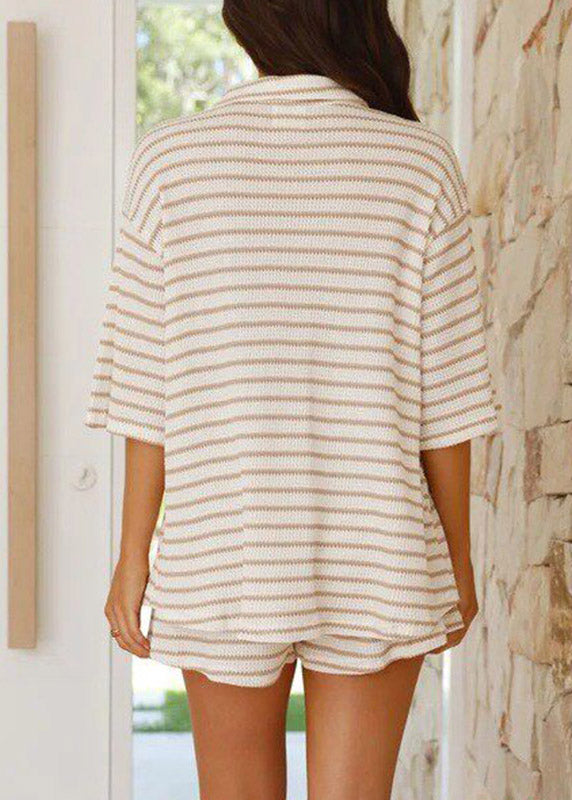 Khaki Striped Butto Shirts And Shorts Two-Piece Set Short Sleeve