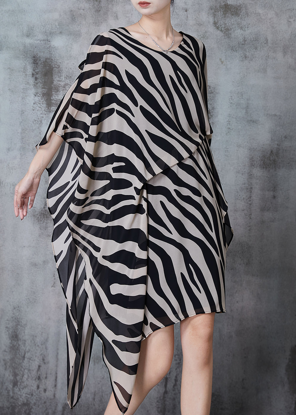 Khaki Striped Chiffon Dresses Asymmetrical Cold Shoulder Summer