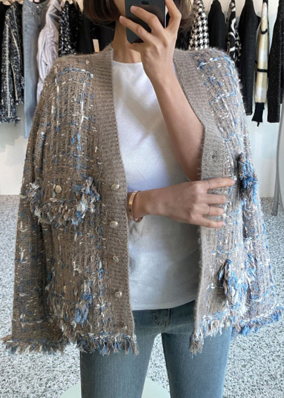 Khaki Tasseled Pockets Knitted Cotton Coat V Neck