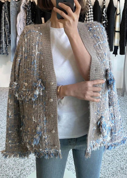 Khaki Tasseled Pockets Knitted Cotton Coat V Neck