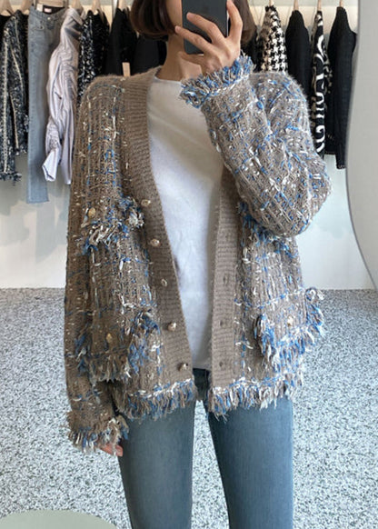 Khaki Tasseled Pockets Knitted Cotton Coat V Neck