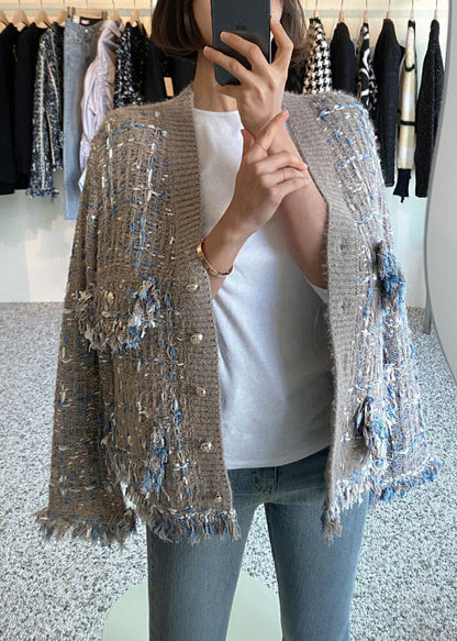 Khaki Tasseled Pockets Knitted Cotton Coat V Neck