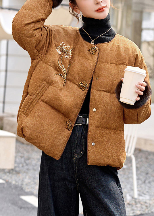 Khaki Thick Duck Down Down Coat Embroidered Winter