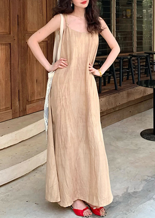Khaki Wear On Both Sides Linen Long Dresses Wrinkled Summer