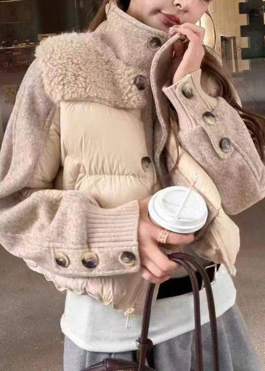 Khaki Zippered Drawstring Patchwork Duck Down Coat Stand Collar