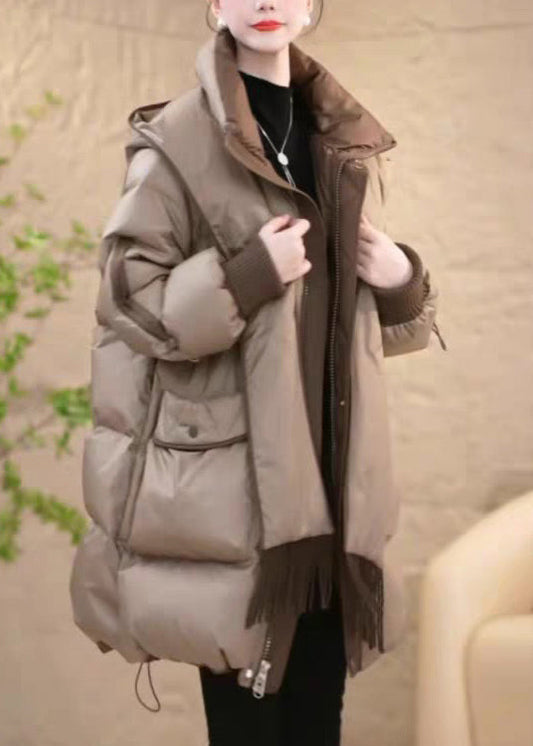 Khaki Zippered Drawstring Removable Patchwork Duck Down Down Coat Hooded