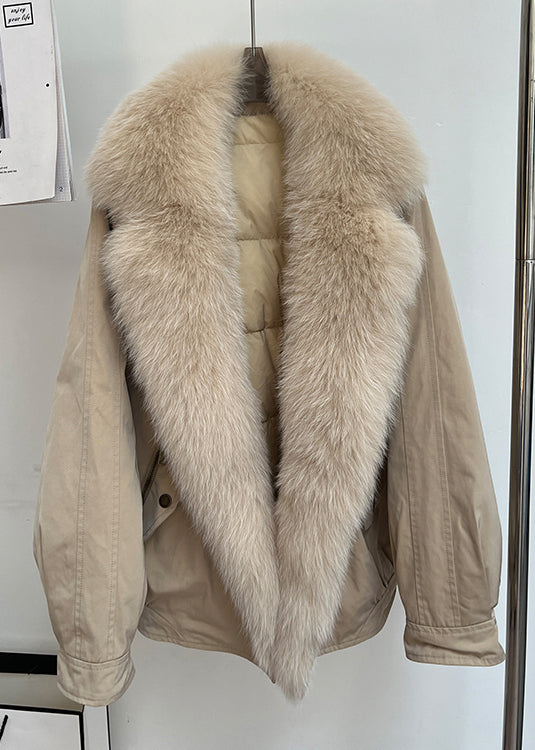 Khaki Zippered Pockets Duck Down Winter Parkas Fox Collar