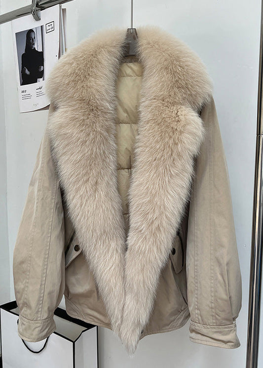 Khaki Zippered Pockets Duck Down Winter Parkas Fox Collar