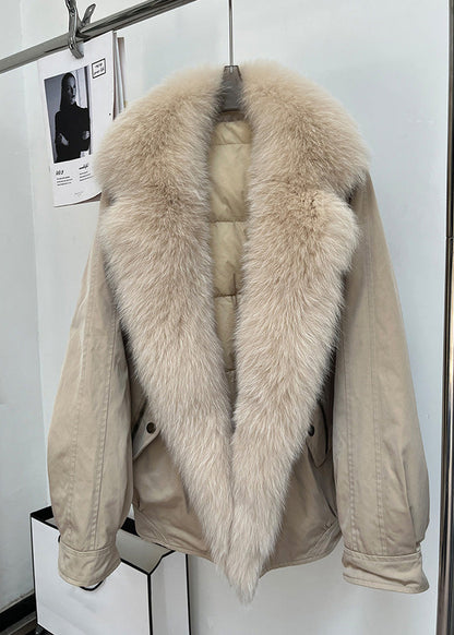 Khaki Zippered Pockets Duck Down Winter Parkas Fox Collar