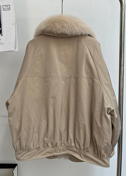 Khaki Zippered Pockets Duck Down Winter Parkas Fox Collar