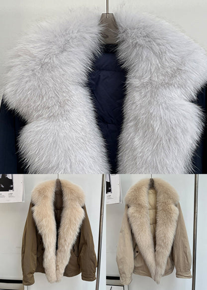 Khaki Zippered Pockets Duck Down Winter Parkas Fox Collar