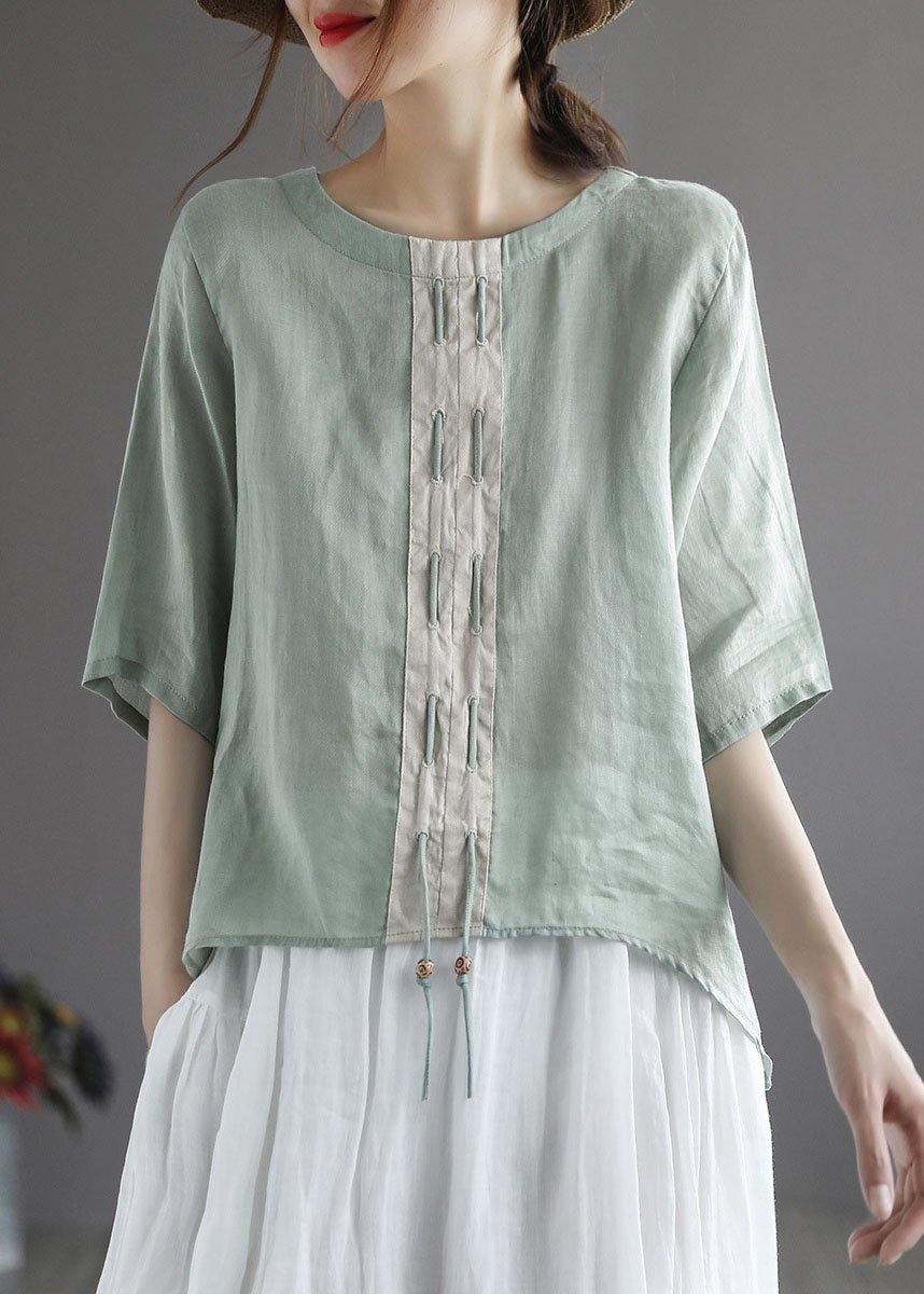 Khaki low high design Design Patchwork Summer Linen Shirt Tops