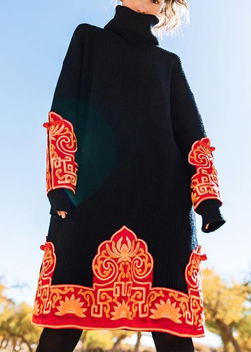 Knitted black Sweater Wardrobes Vintage embroidery oversized high neck knit dress - SooLinen