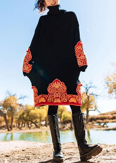 Knitted black Sweater Wardrobes Vintage embroidery oversized high neck knit dress - SooLinen