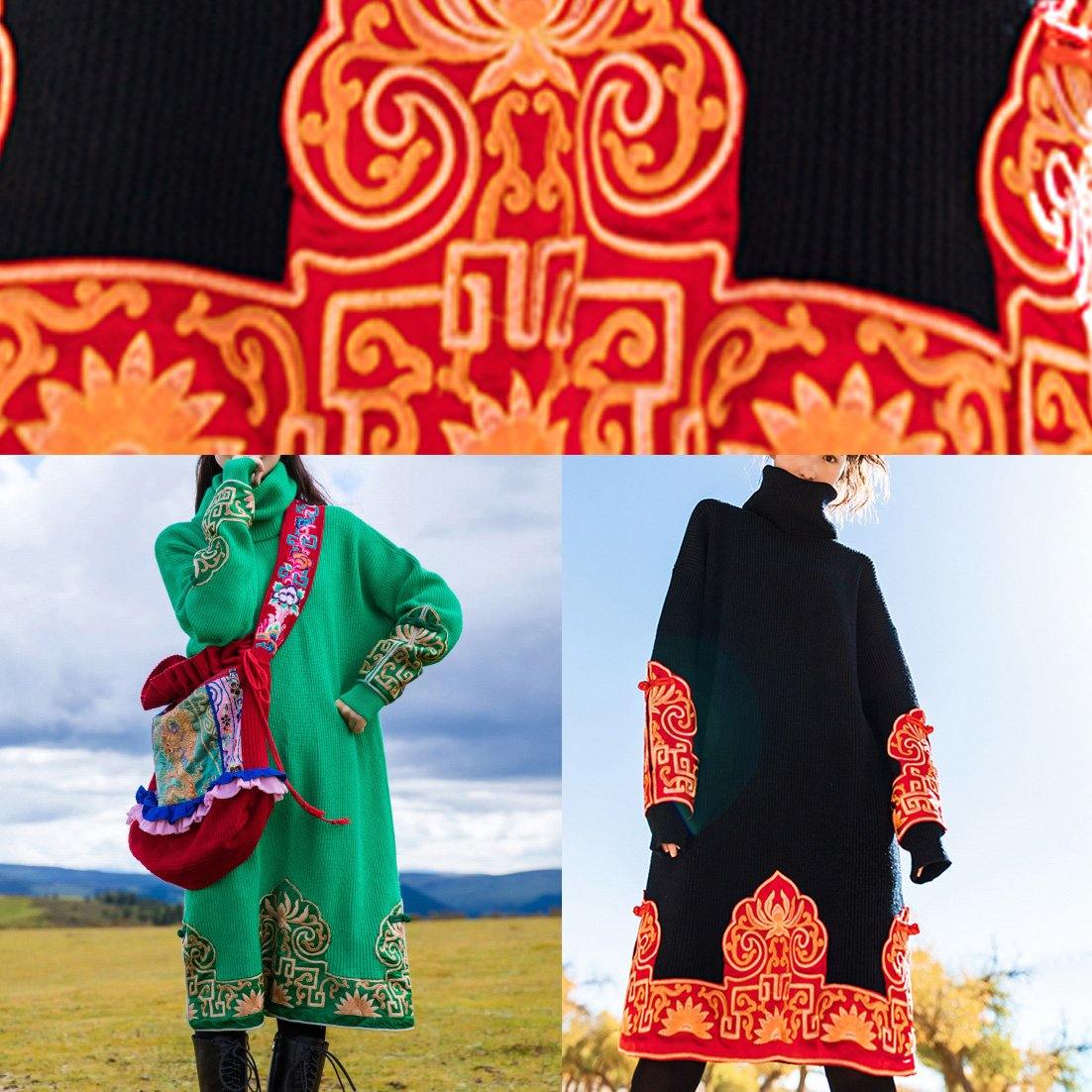 Knitted black Sweater Wardrobes Vintage embroidery oversized high neck knit dress - SooLinen