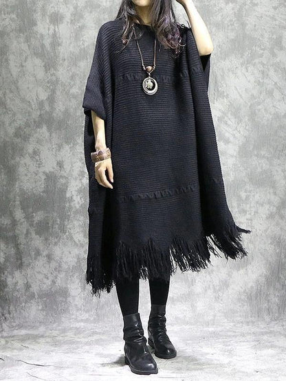 Knitted black Sweater dress outfit DIY o neck tassel Mujer sweater dress - SooLinen