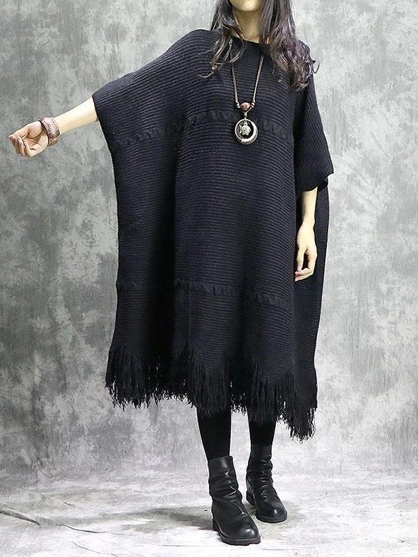 Knitted black Sweater dress outfit DIY o neck tassel Mujer sweater dress - SooLinen