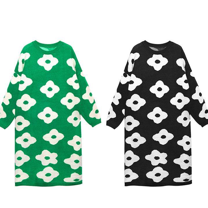 Knitted black print Sweater Aesthetic Women o neck baggy knit dress - SooLinen