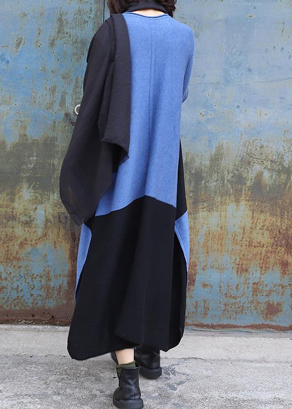 Knitted blue Sweater dress outfit DIY side open baggy low high design knit dress - SooLinen