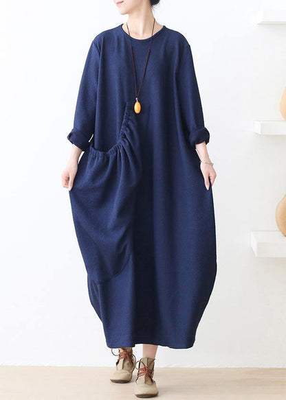 Knitted blue Sweater dress outfit plus size o neck pockets Mujer fall sweater dresses - SooLinen