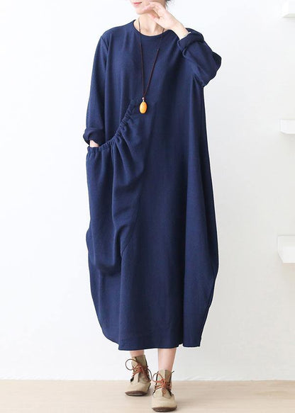 Knitted blue Sweater dress outfit plus size o neck pockets Mujer fall sweater dresses - SooLinen