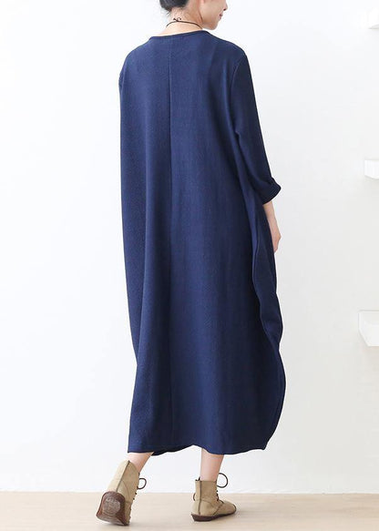 Knitted blue Sweater dress outfit plus size o neck pockets Mujer fall sweater dresses - SooLinen