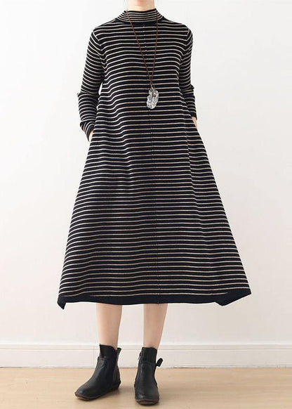 Knitted high neck Sweater weather plus size black striped baggy knitwear - SooLinen