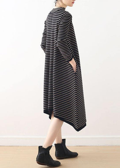 Knitted high neck Sweater weather plus size black striped baggy knitwear - SooLinen