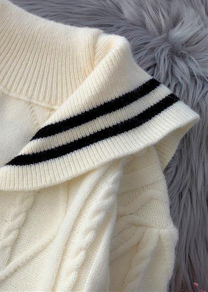 Knitted high neck patchwork Sweater fall dresses plus size beige daily sweater dresses - SooLinen