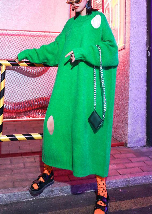 Knitted o neck Hole Sweater weather Design green daily knit dress - SooLinen
