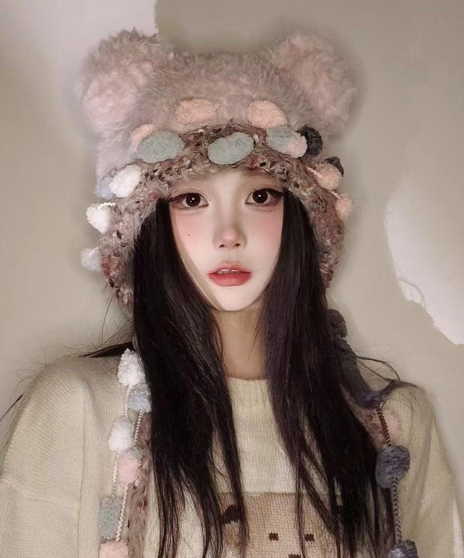 Korean Cute Versatile Pink Warm Thick Fur Knitted Hat
