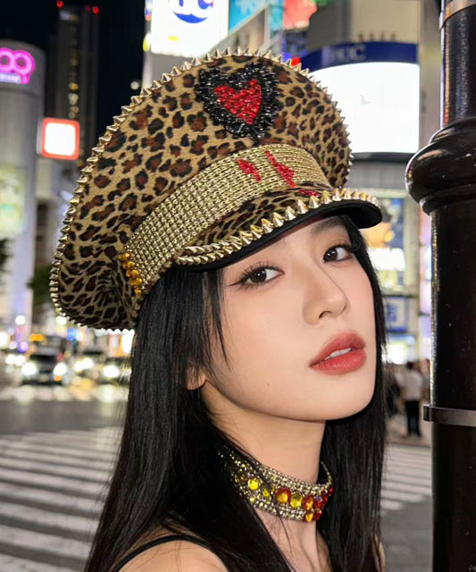 Korean Leopard Print Zircon Flat Brimmed Hat