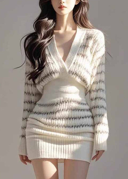 Korean Style Waist Cinching Striped Knitted Slim Fit Dress